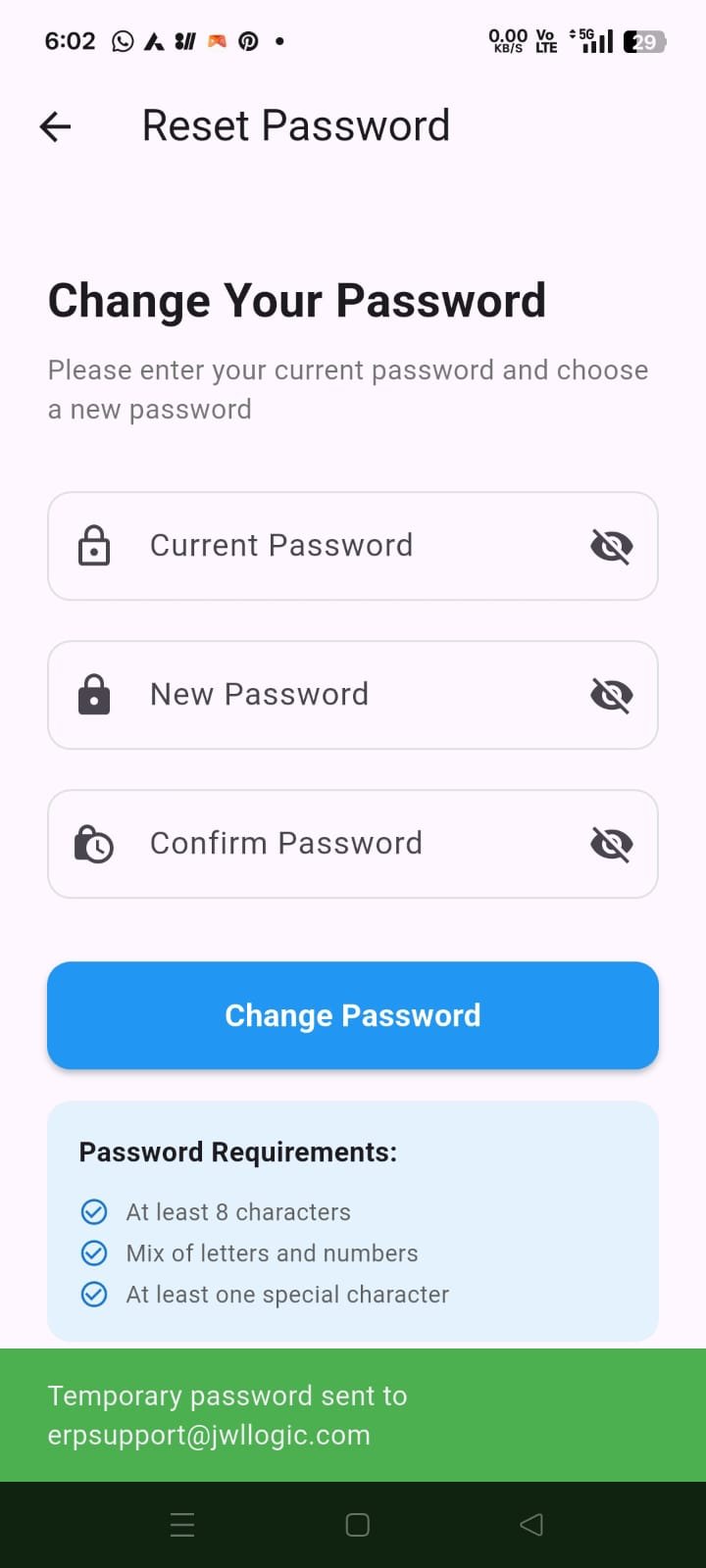 Change Your Password screen in JW ONE