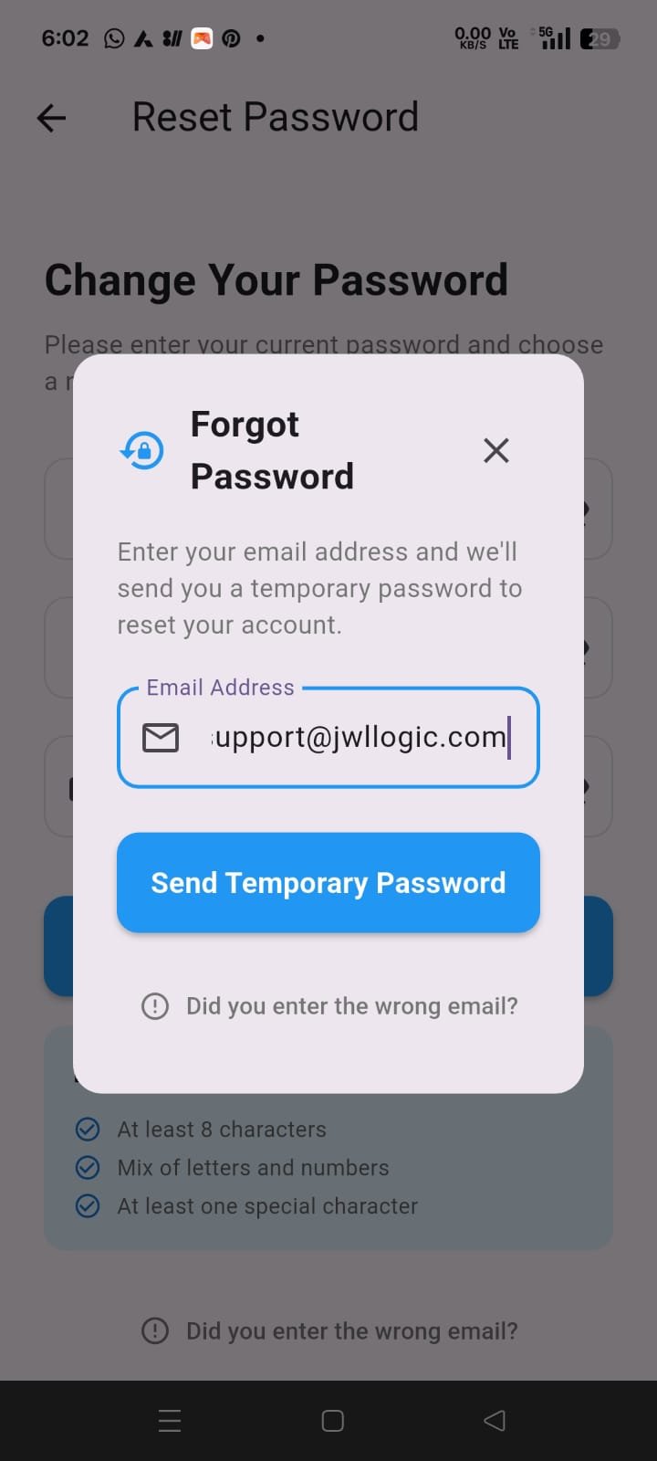 Forgot Password dialog showing the registered email