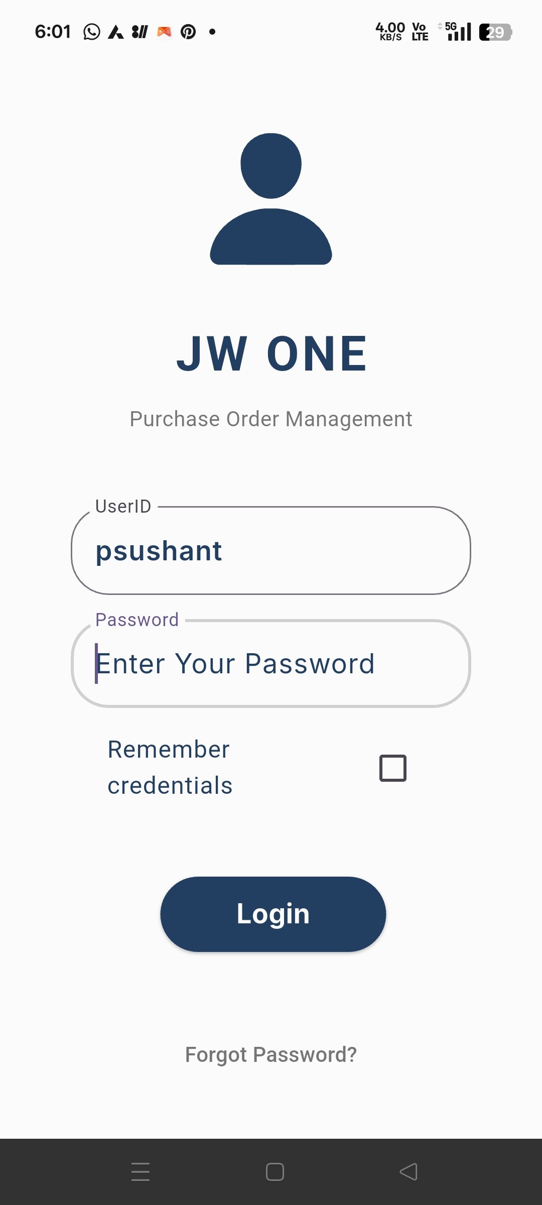 JW ONE login screen