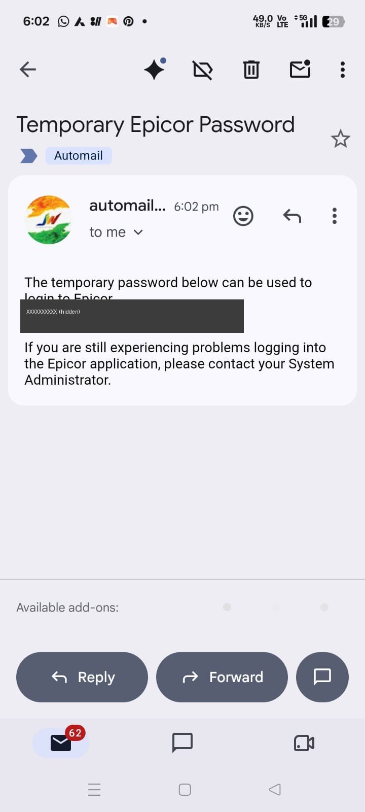 Temporary Epicor Password email